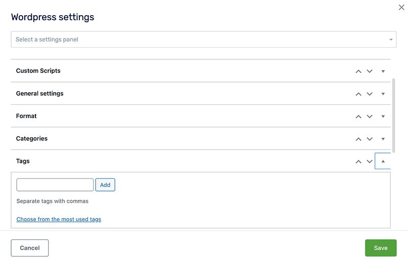 WordPress settings in Architect